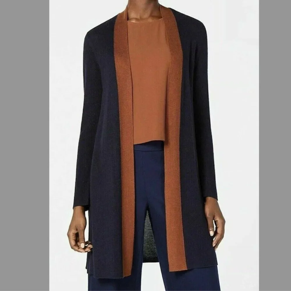 NWT Eileen Fisher Long Open Cardigan Navy/Brown Stripe - Petite Large ($… - Picture 1 of 5